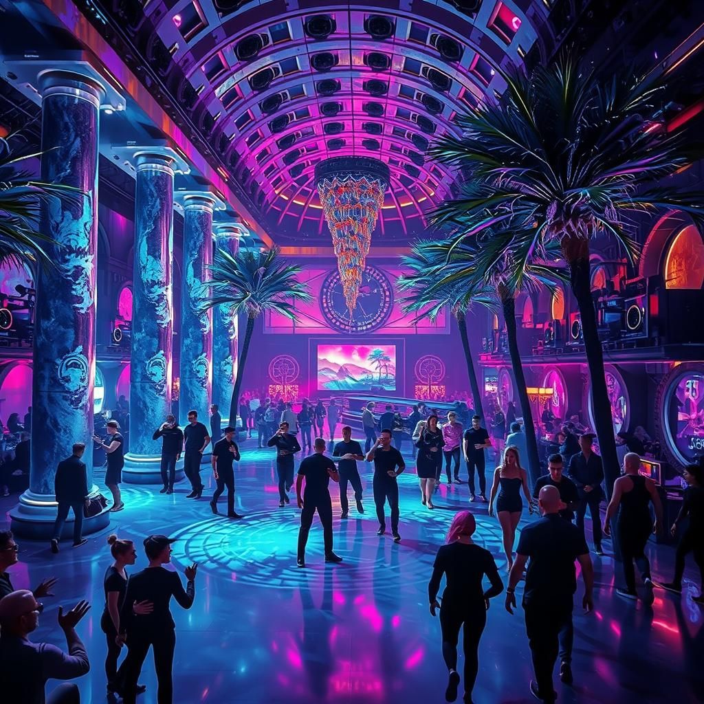 Cyberpunk Nightclub with Holographic Greek Pillars