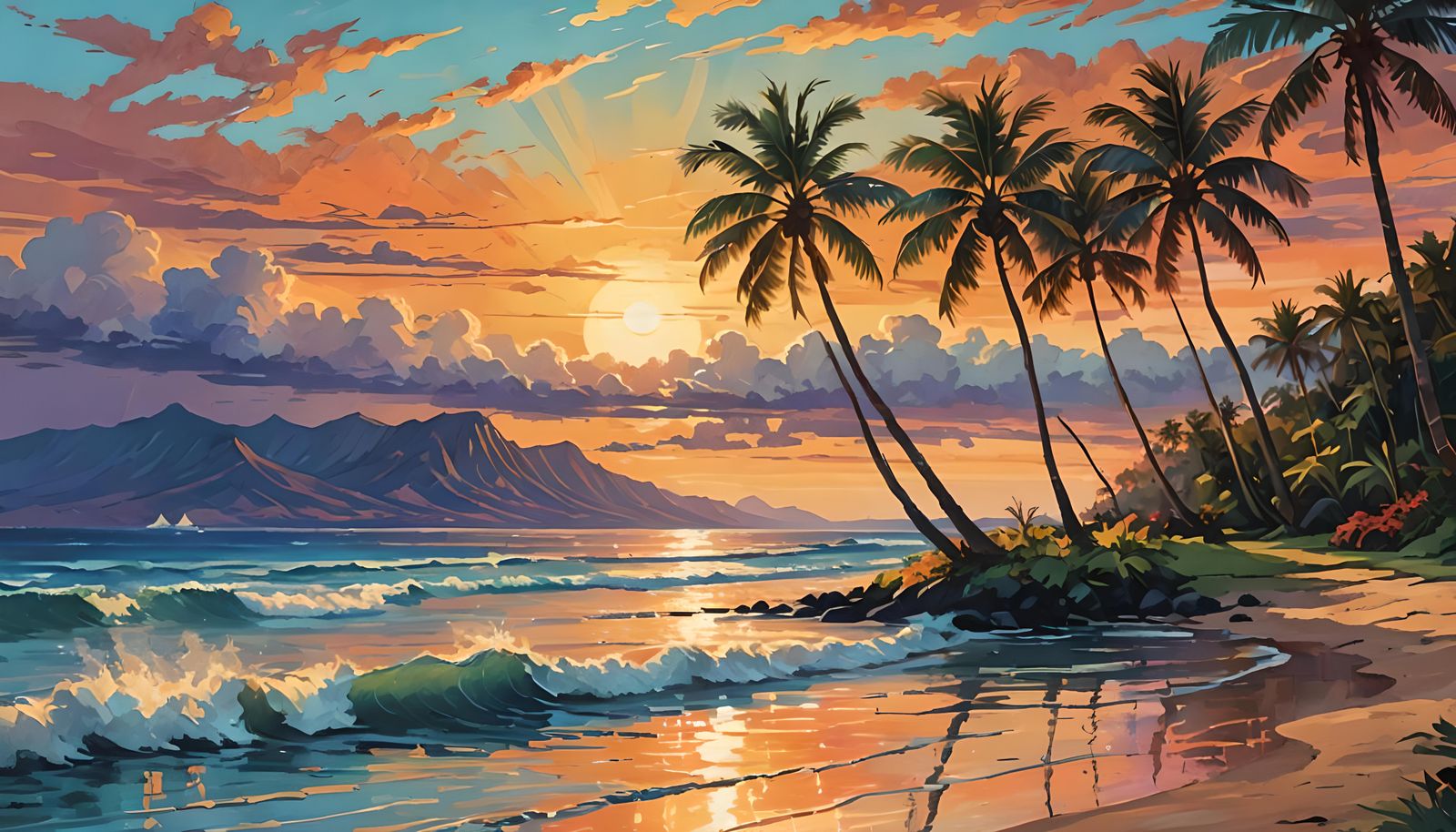 Retro Sunset Over Palm Trees in Hawaii