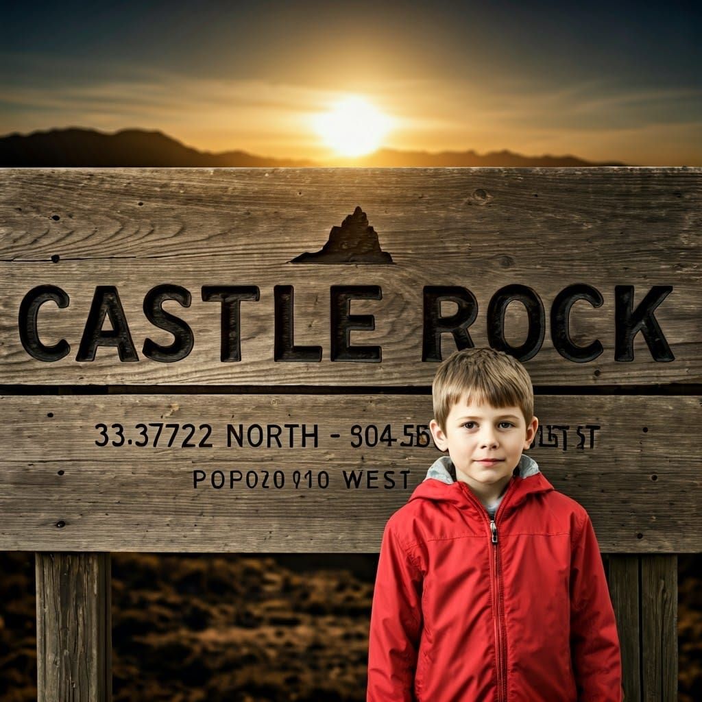 Boy in Red Jacket at Castle Rock Sign