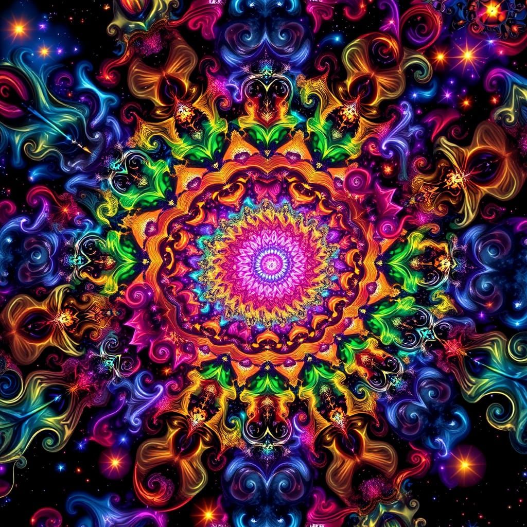 Vibrant Cosmic Fractal Mandala with Swirling Nebulae and Fan...