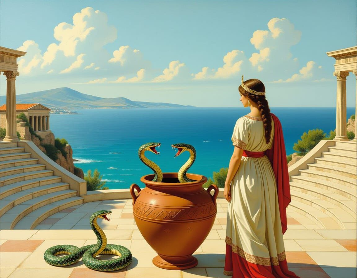 Greek Priestess and Snakes in Temple Amphitheater
