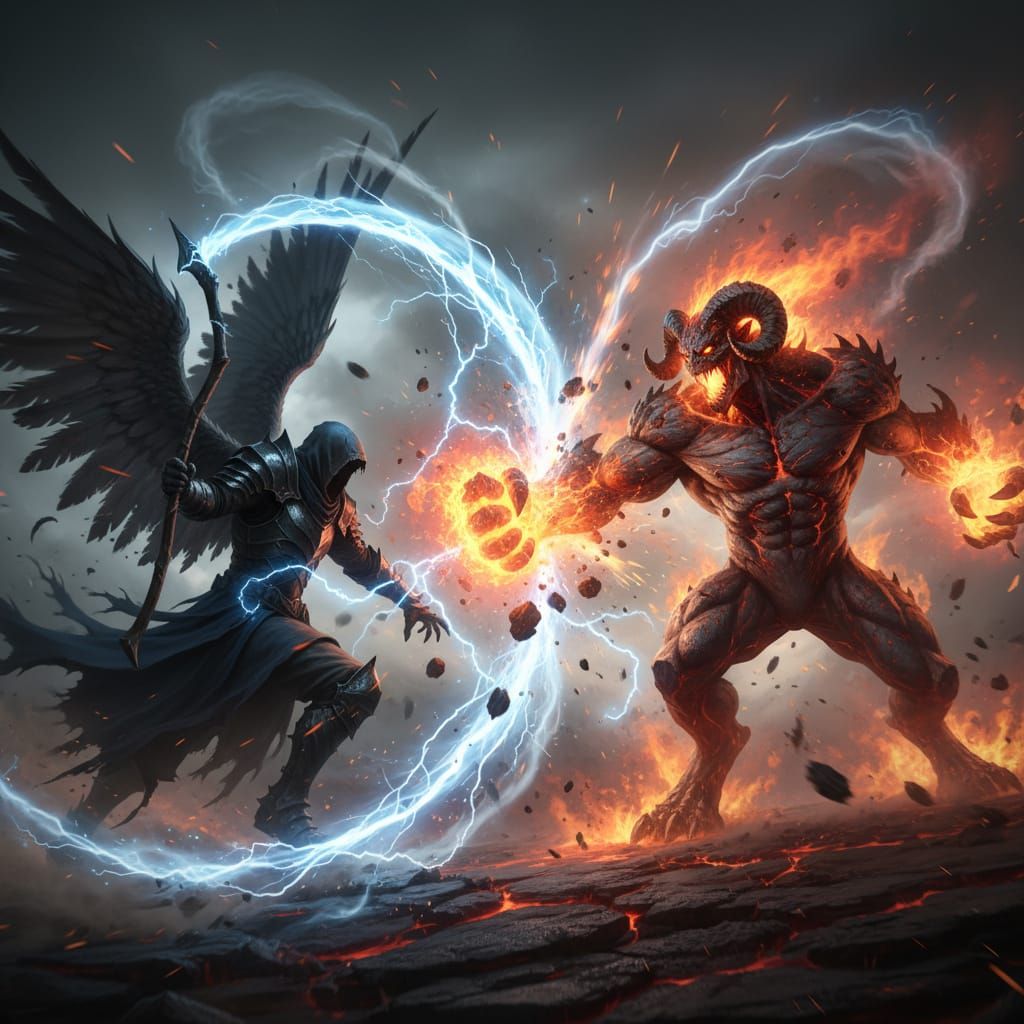 Reaper-Angel Battles Fiery Demon in Epic Clash