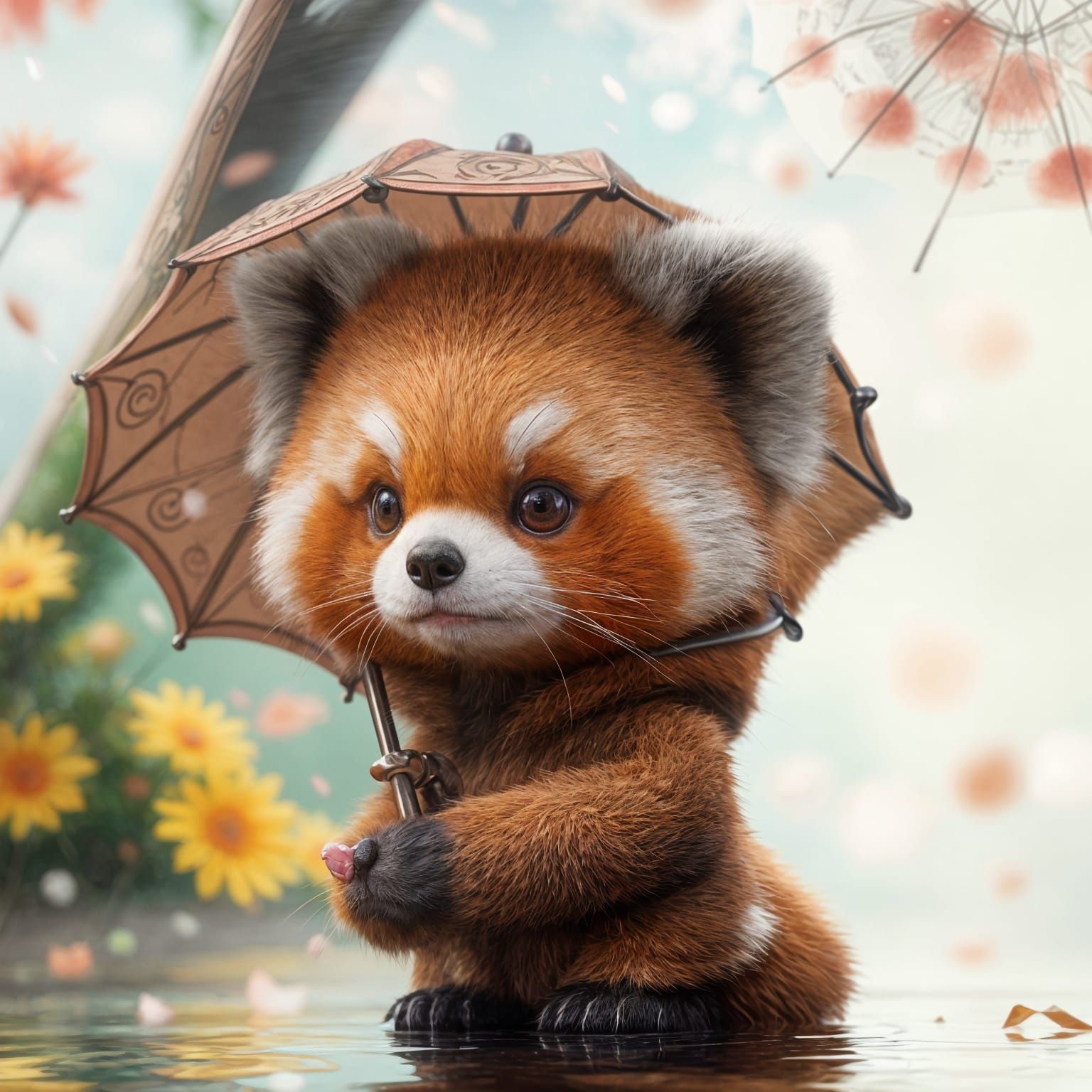 Cute Red Panda Holding an Umbrella in Anime Style