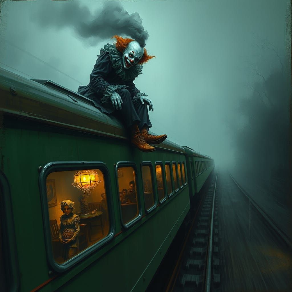 Mysterious Green Train with a Sinister Clown Figure