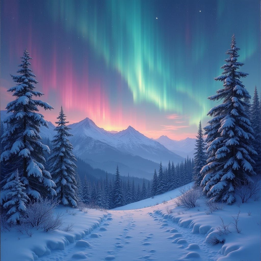 Aurora Borealis Majesty over Snowy Mountains