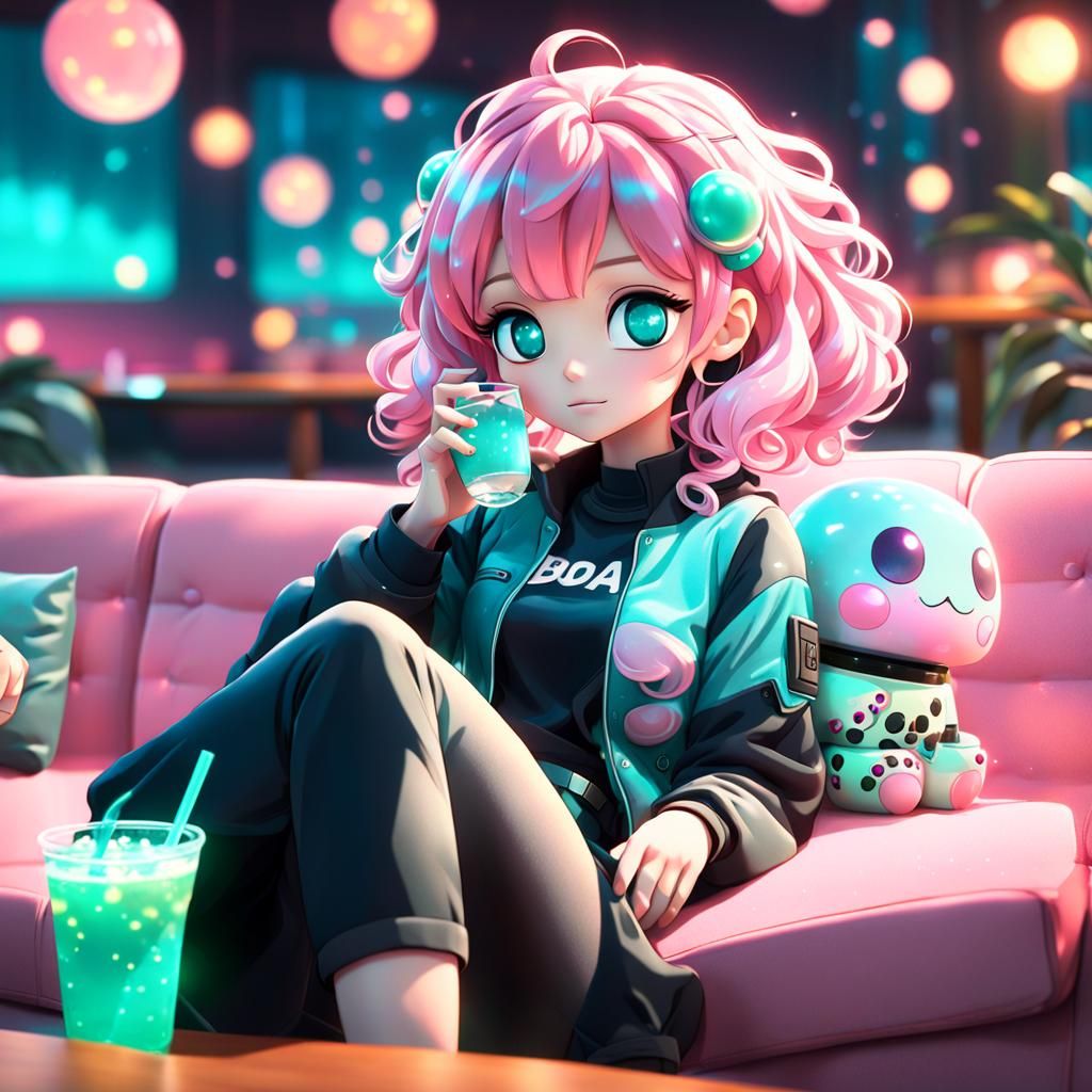 Anime Girl with Boba, Pastel Colors, Digital Art