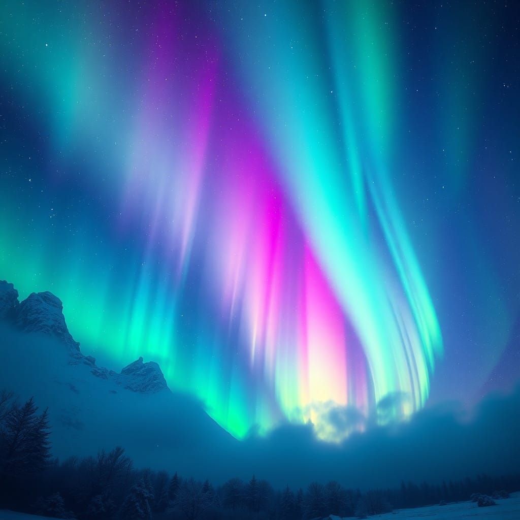 Ethereal Aurora Borealis in Vibrant Hues, with Delicate Snow...