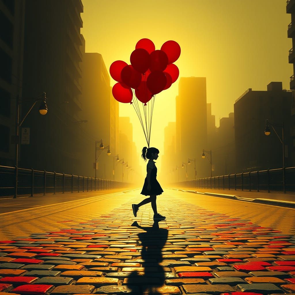 Silhouette with Balloons in a Gritty Urban Landscape