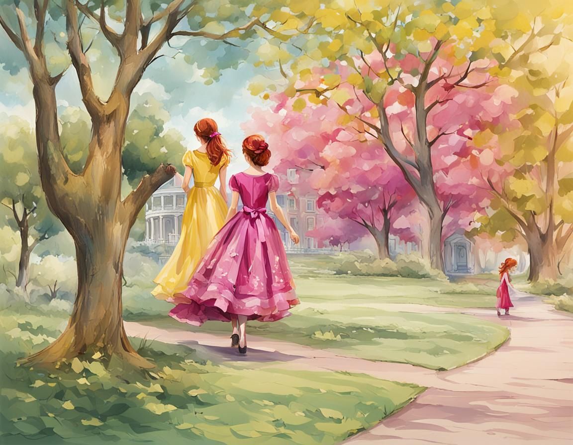 Women Walking in a Park with Tree and House