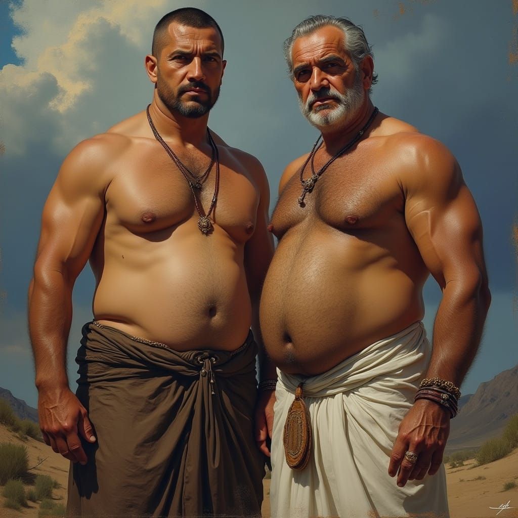 Turkish Warrior and His Son in Mythical Landscape