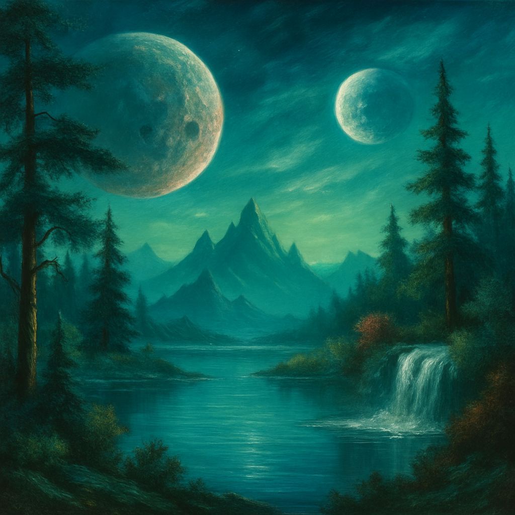 Alien Landscape in Bob Ross Style with Twin Moons