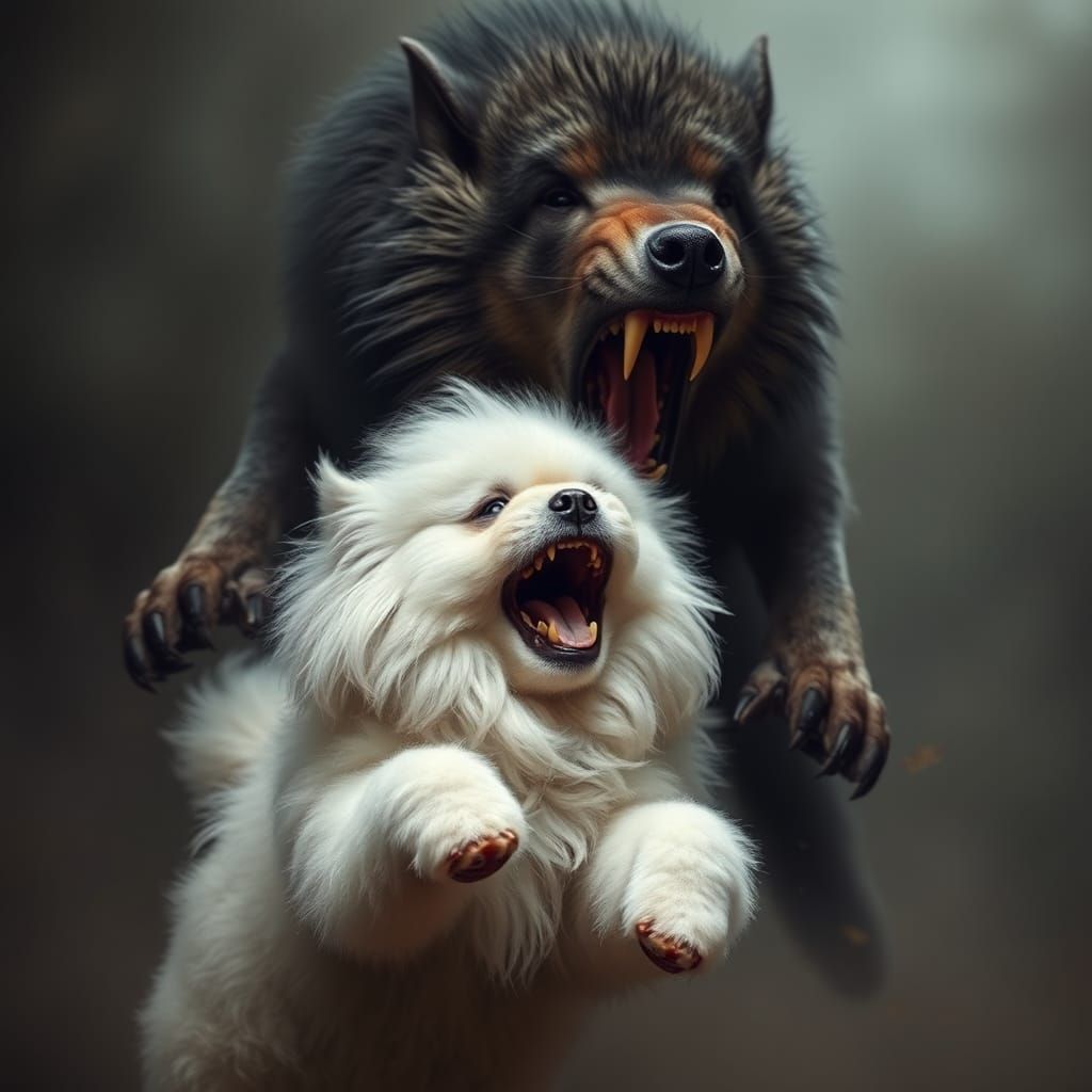 Werewolf Roaring Atop Bichon Frise
