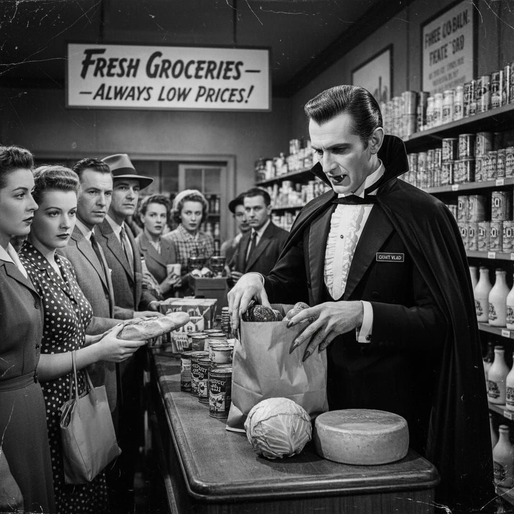 Dracula telling the woman to hit the bricks after bagging her groceries.