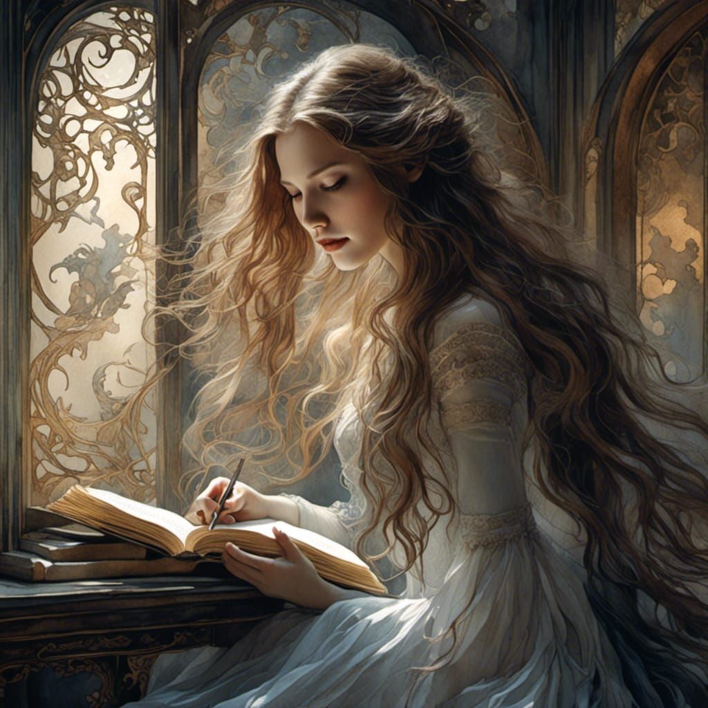 Romantic Watercolor of Woman Reading Book