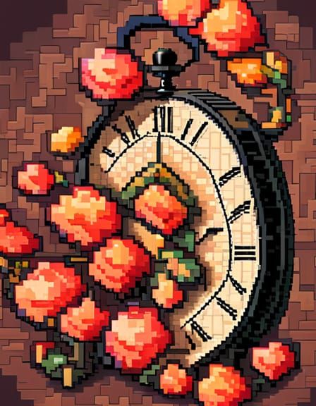 Pixel Art Clock with Flowers in 8-Bit Style
