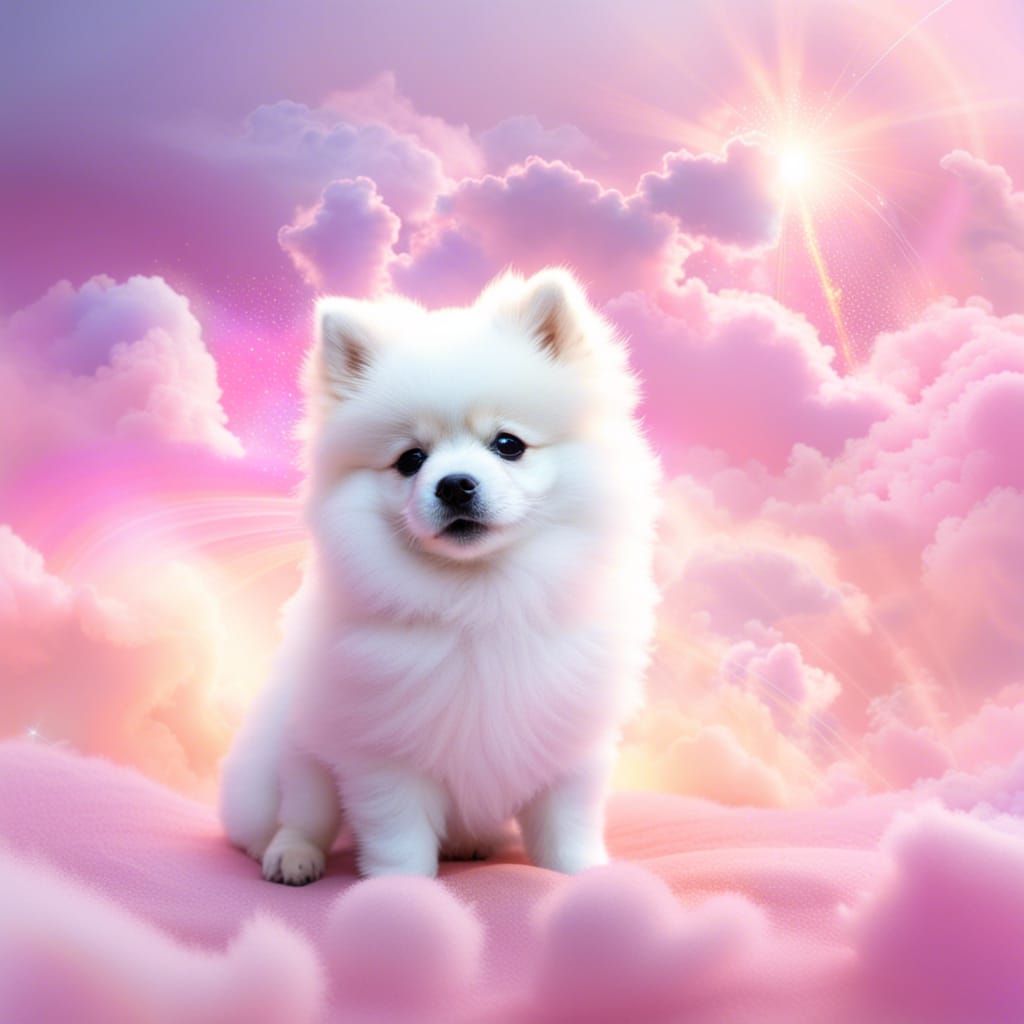 Dreamy Pomeranian and Shiba Puppies in Ethereal Clouds