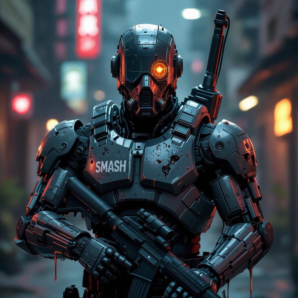 Menacing Cyberpunk Enforcement Bot "Smash" with Hydraulic Cr...