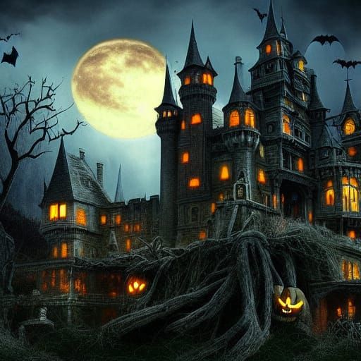 Spooky Halloween Castle in Digital Matte Painting Style