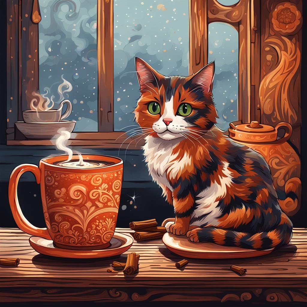 Cute Calico Cat with Hot Chocolate Digital Painting