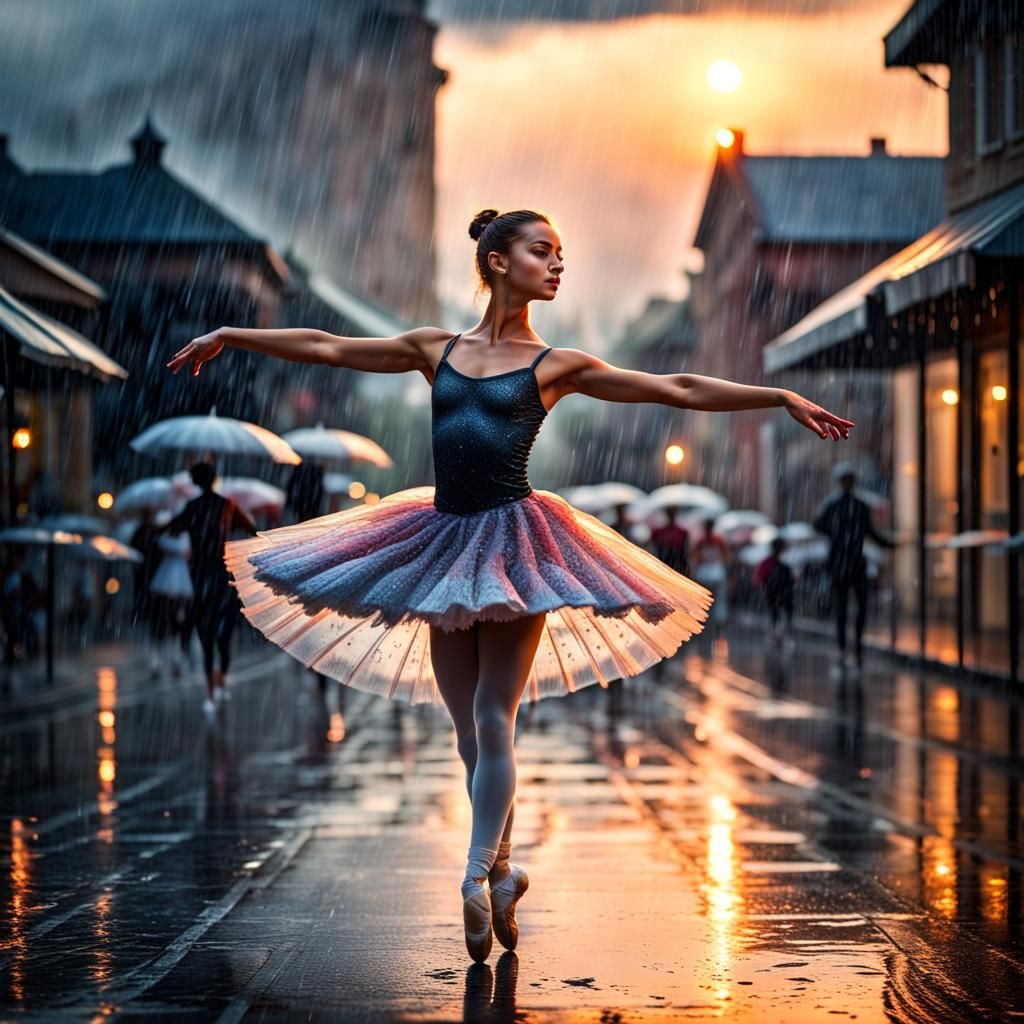 Ballerina dancing in the rain at sunset