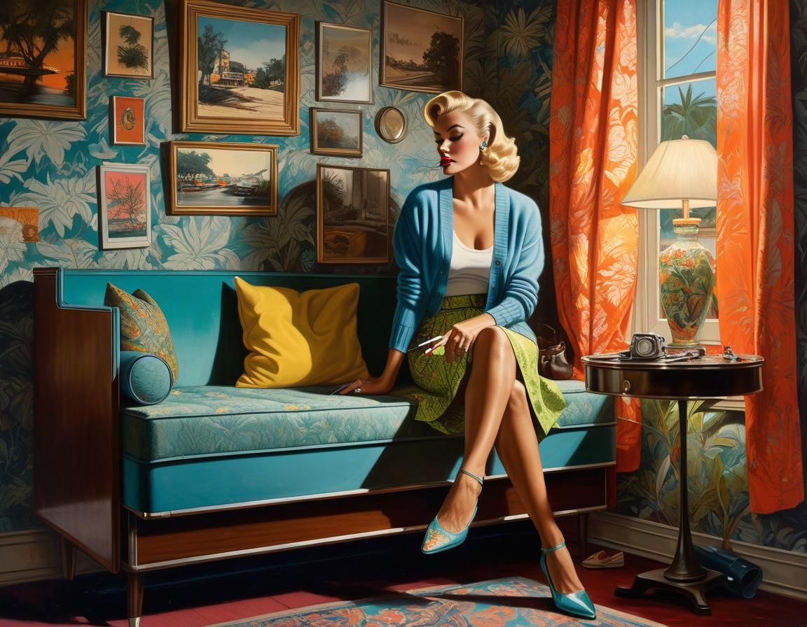 Vintage Woman Smoking in Apartment, Photorealistic Illustrat...