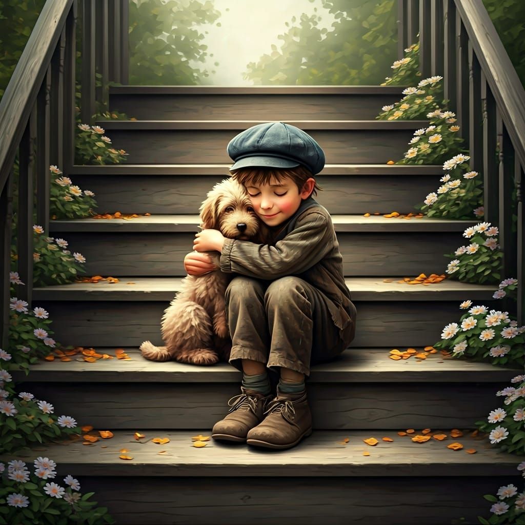 Boy and Dog in Desaturated Painterly Style