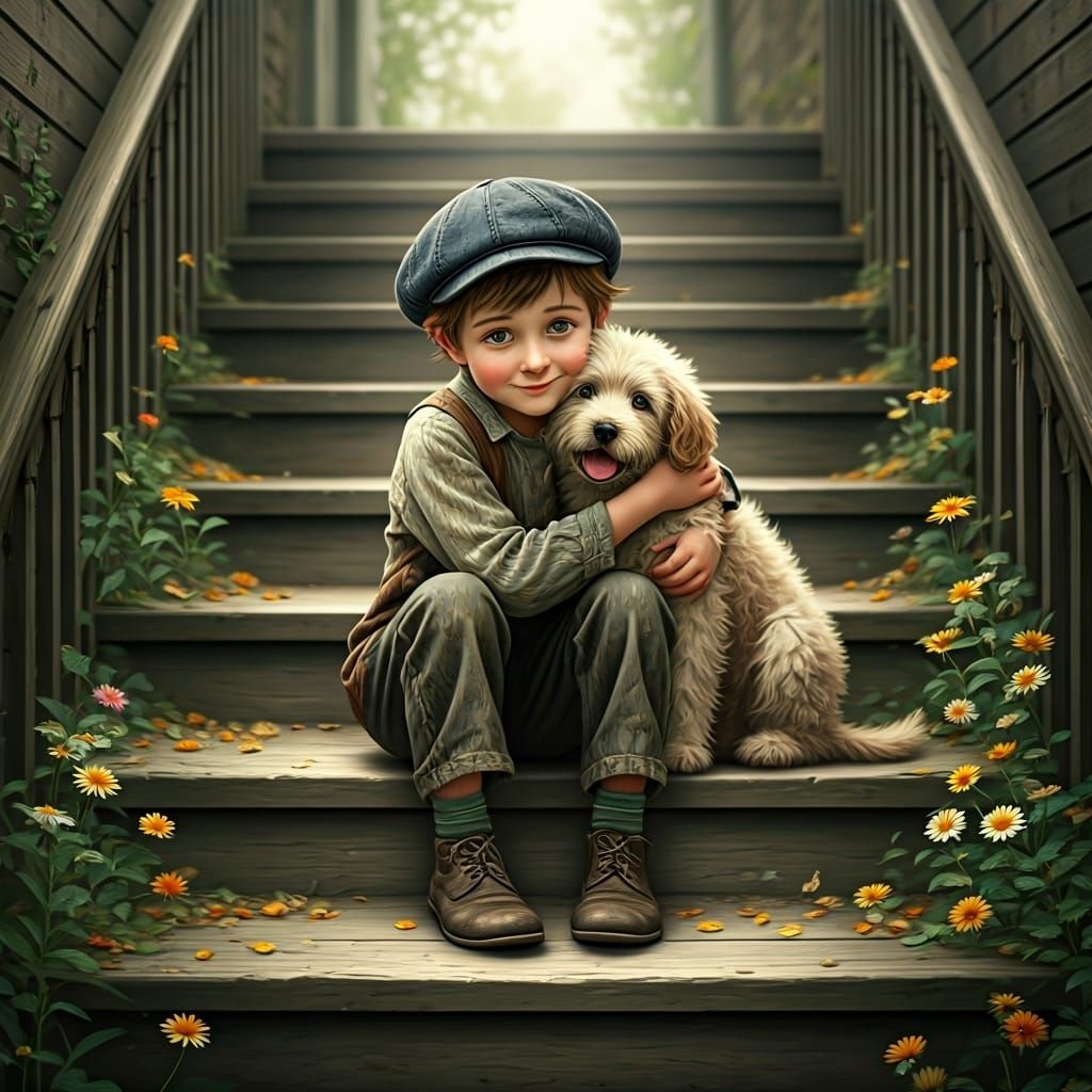 Boy and Dog on Stairs in Painterly Style