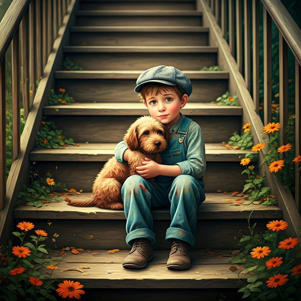 Whimsical Boy Hugs Dog with Wildflowers, Painterly Style