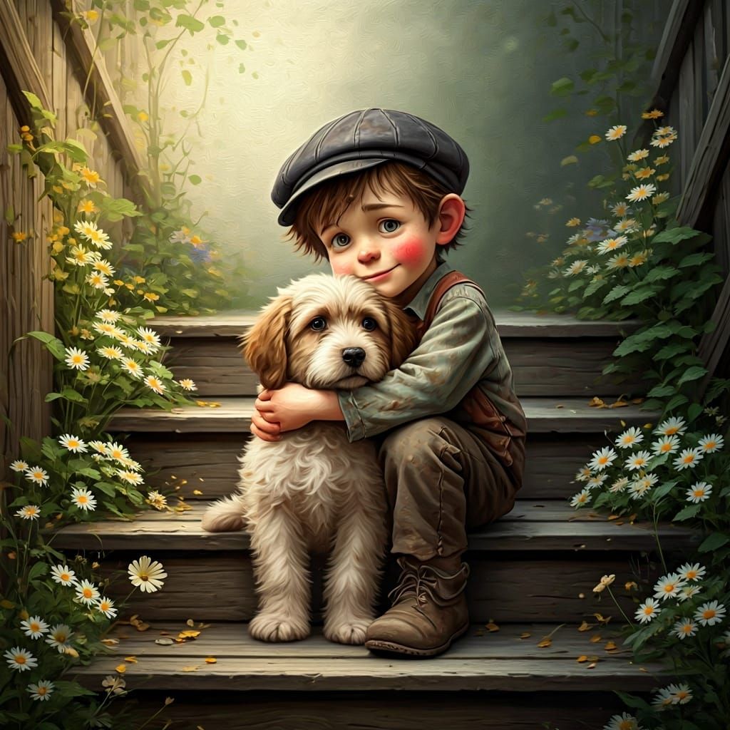 Melancholic Boy and Dog Portrait in Dragan Style
