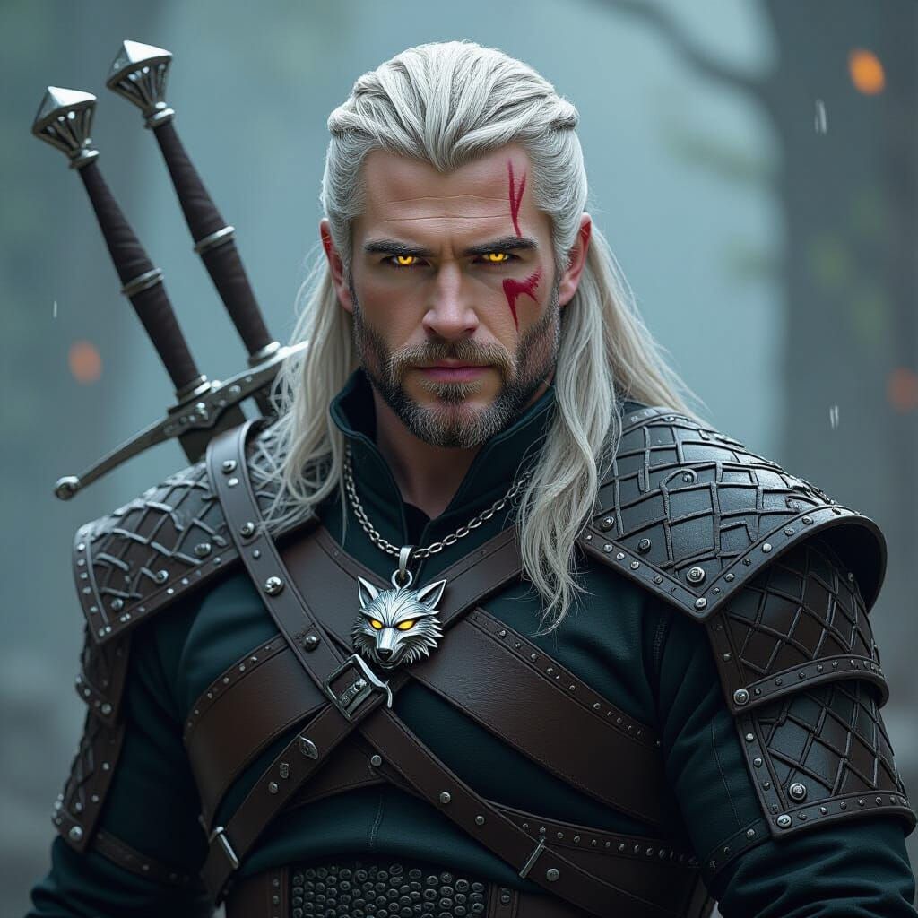 Geralt-like Character with Wolf Medallion in Dark Fantasy St...