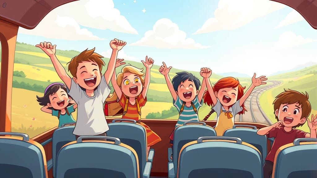 Children's Joyful Train Adventure in Vibrant Cartoon Style