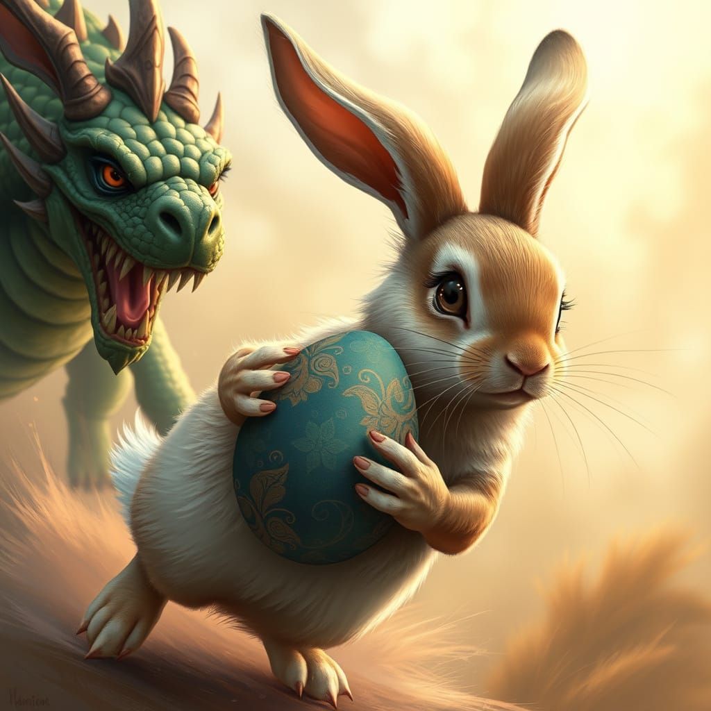 Ethereal Rabbit Escapes Dragon in Whimsical Gouache Style