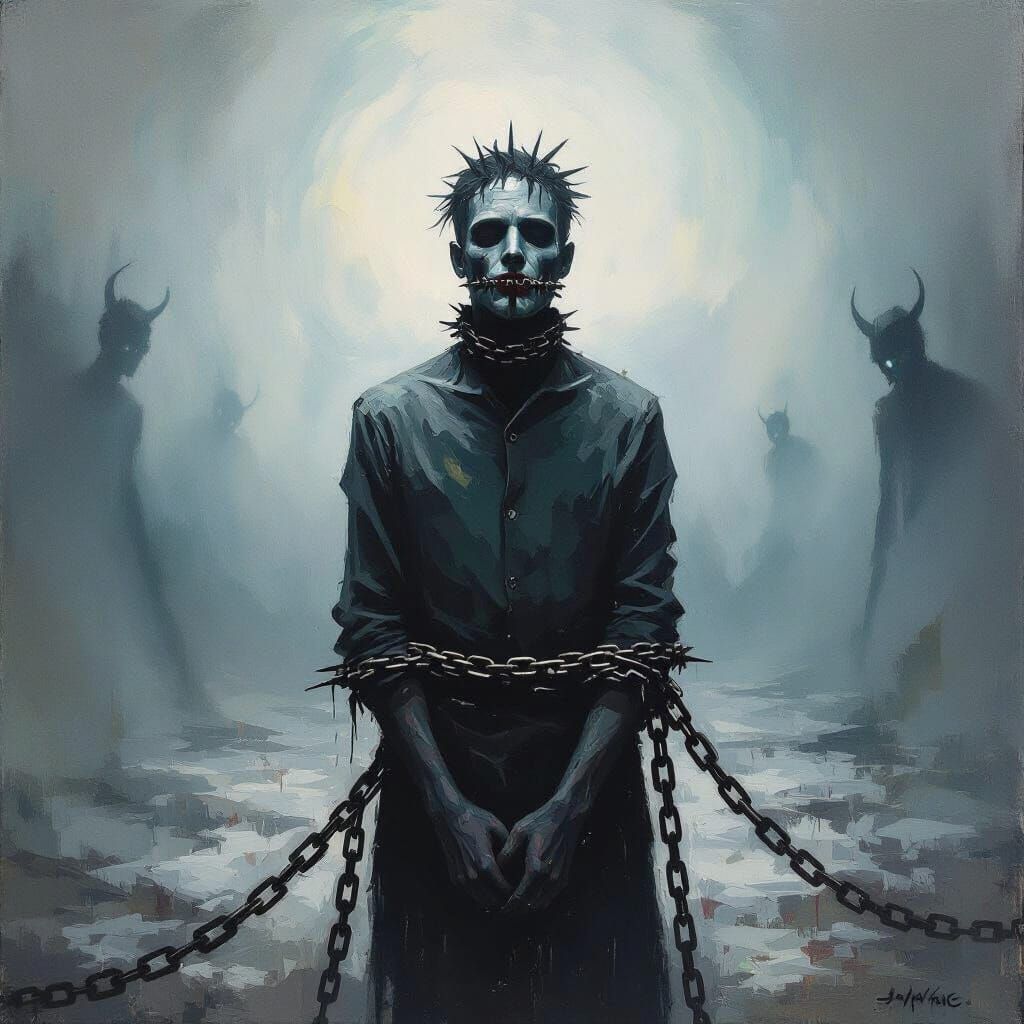 Shackled Figure in Misty Demonic Landscape