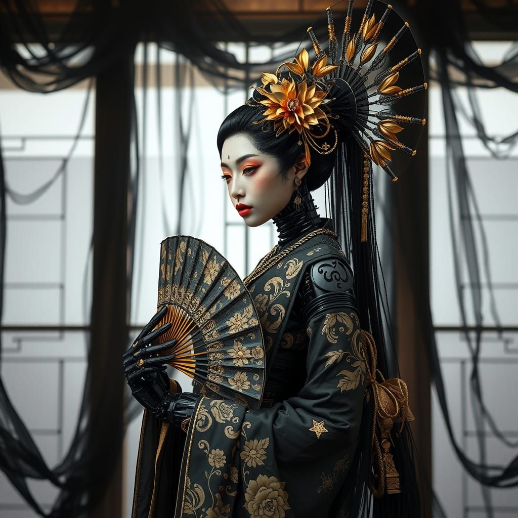 Black Metal Cyborg Geisha with Ornate Fan