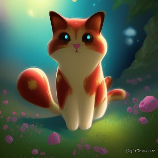 Whimsical Red Cat with Toadstools in Galaxy Sky