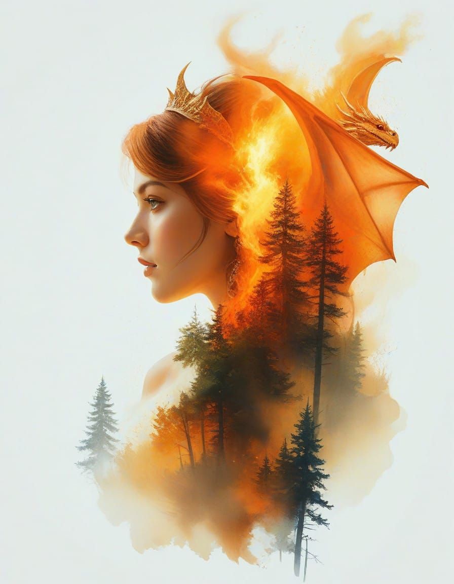Surreal Princess Amidst Dragonfire in Golden Watercolor Drea...