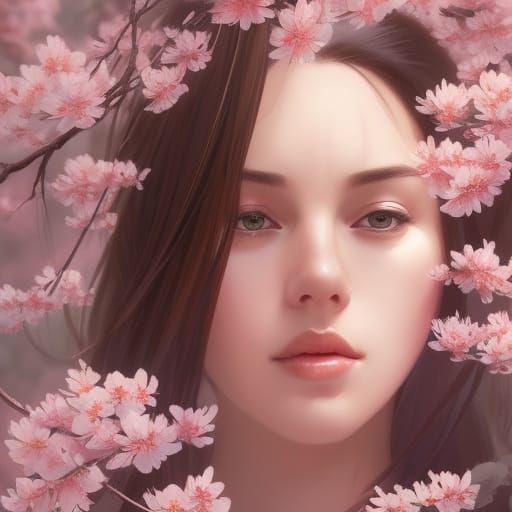 Woman in Cherry Blossom Forest: Hyperdetailed Portrait