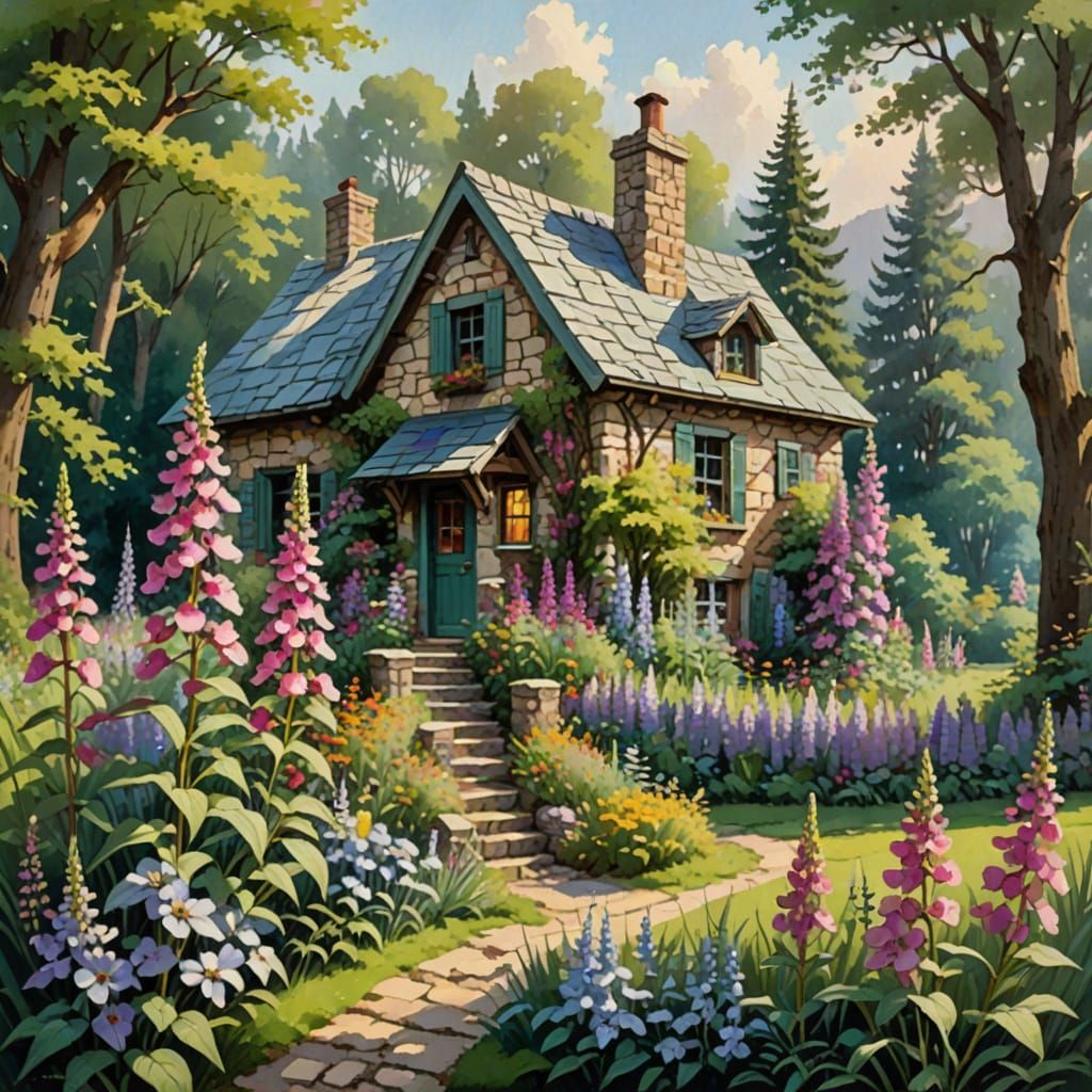 Idyllic Cottage Scene in Vibrant Watercolor Style