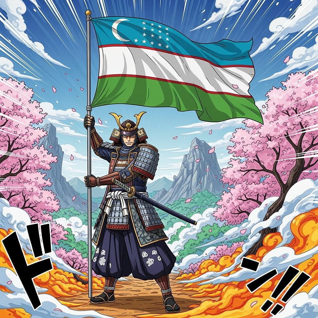 Samurai with Uzbekistan Flag in Anime Manga Style