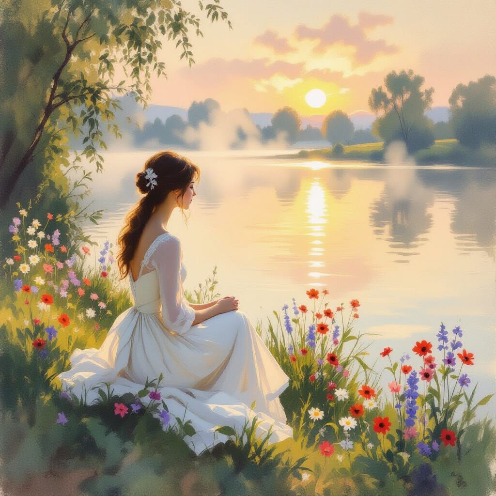 Woman by Lake at Dawn in Impressionist Style