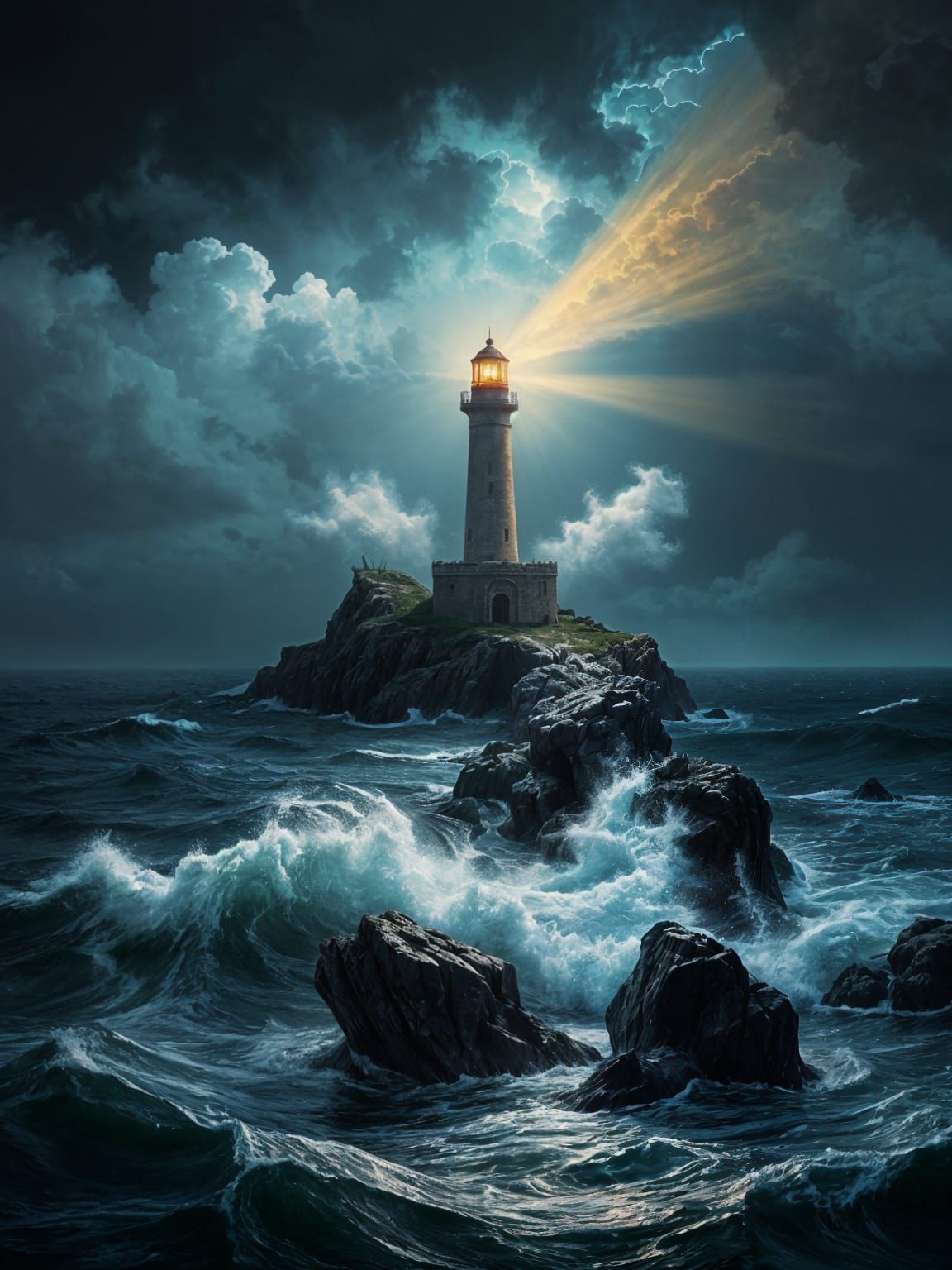 Lighthouse in Stormy Seas: Gothic Maritime Painting