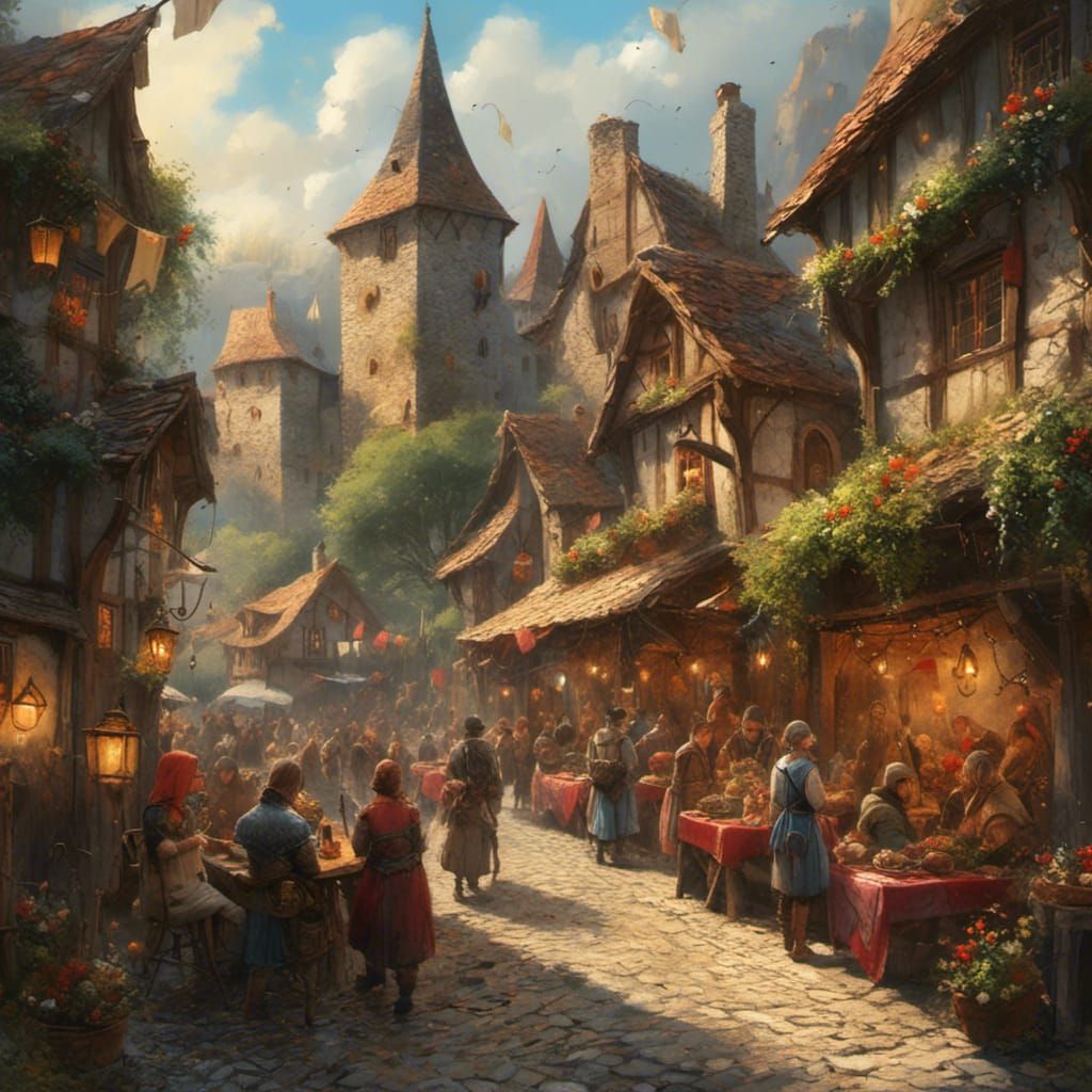 Medieval Village Fair Painting in Fantasy Style