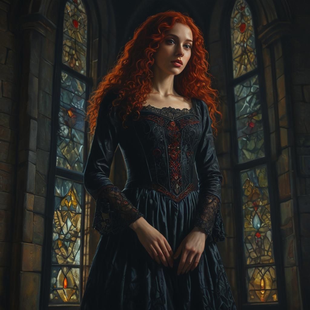 Gothic Woman with Red Hair in Castle