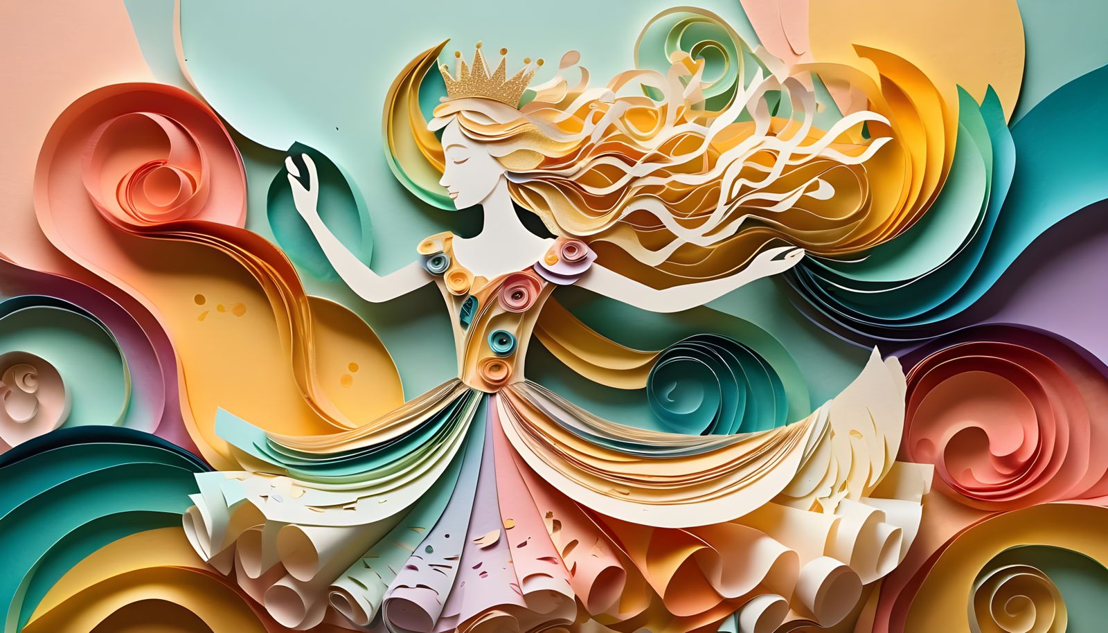 Vibrant Paper Princess Swirls in Whimsical Dance