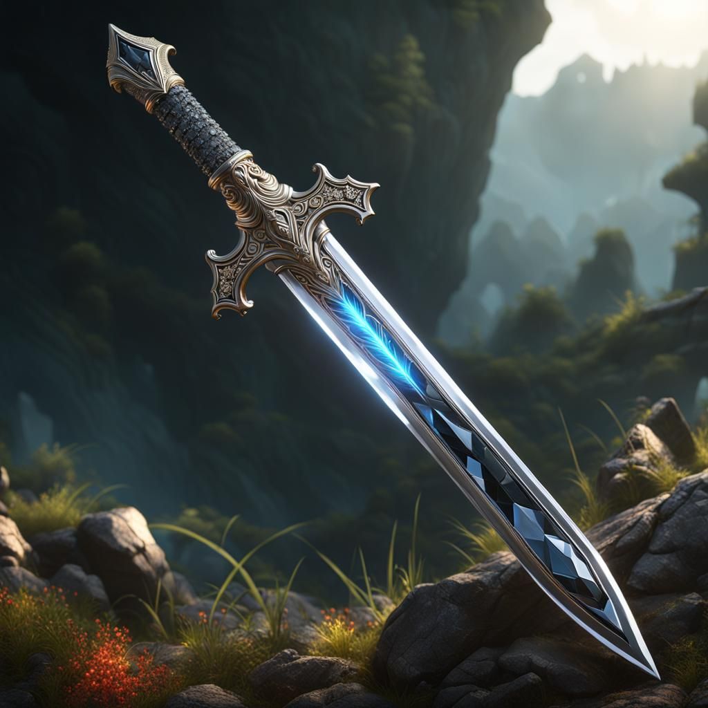 Crystal Long Sword with Obsidian Hilt, Dark Fantasy Art