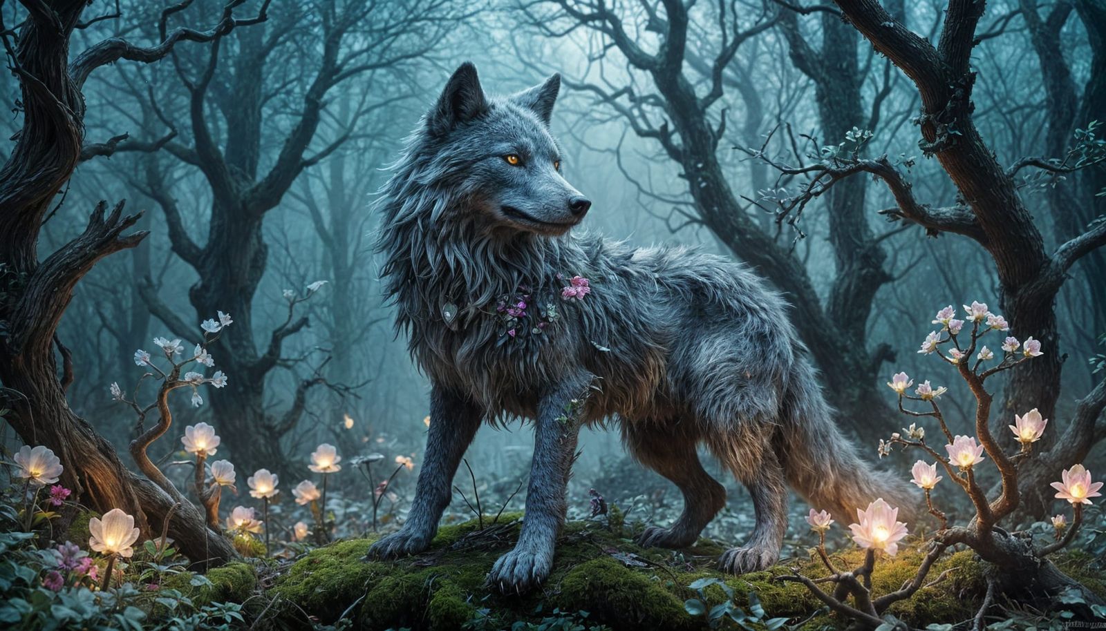 Creepy Crystal Wolf in a Mystical Garden