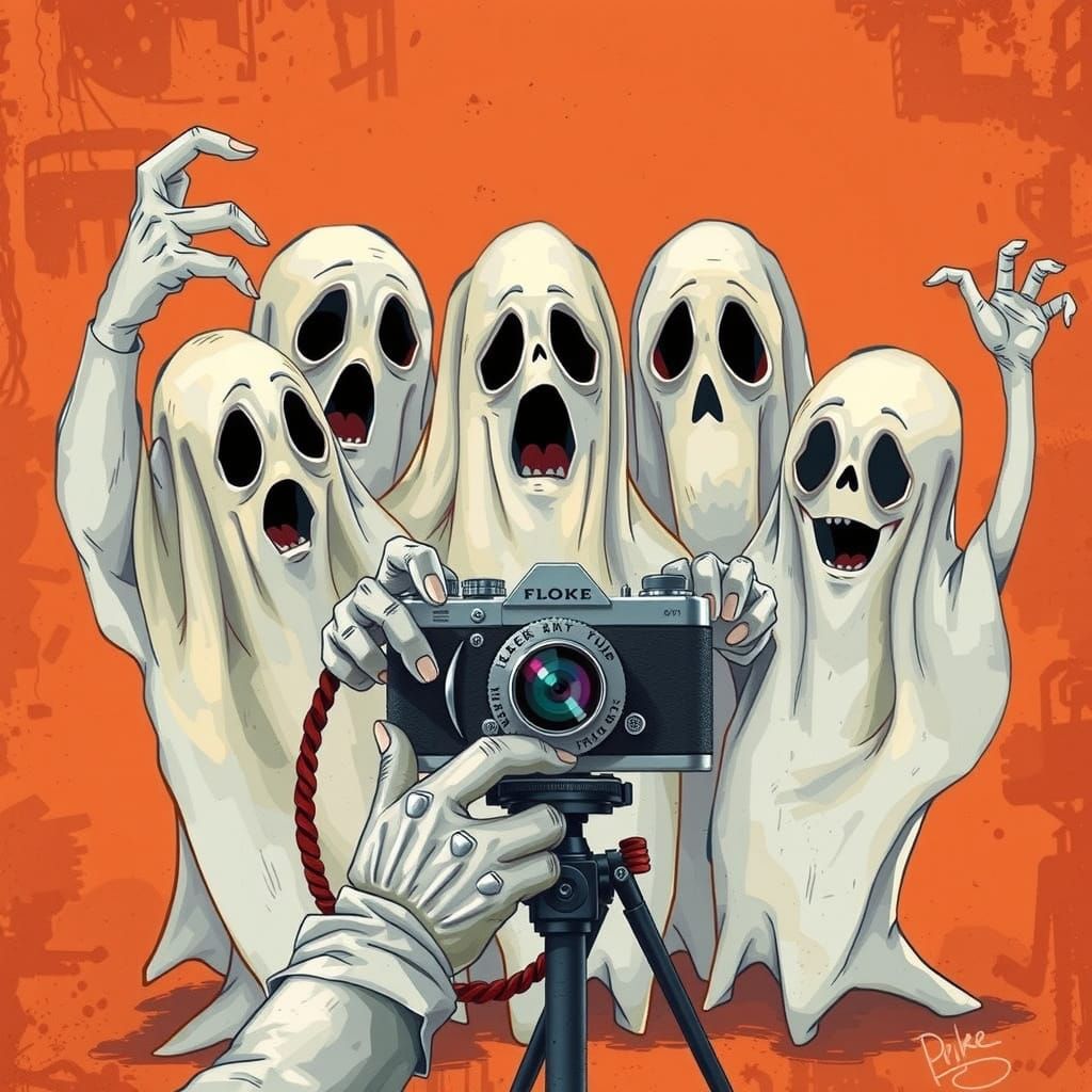 Five Playful Ghosts Take a Selfie in Spooky Poster Art Style