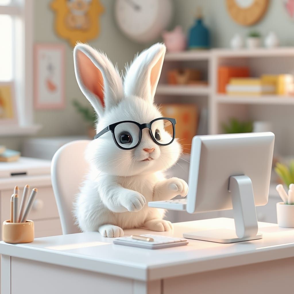 Whimsical Rabbit in Spectacles Works at Miniature Desk in Br...