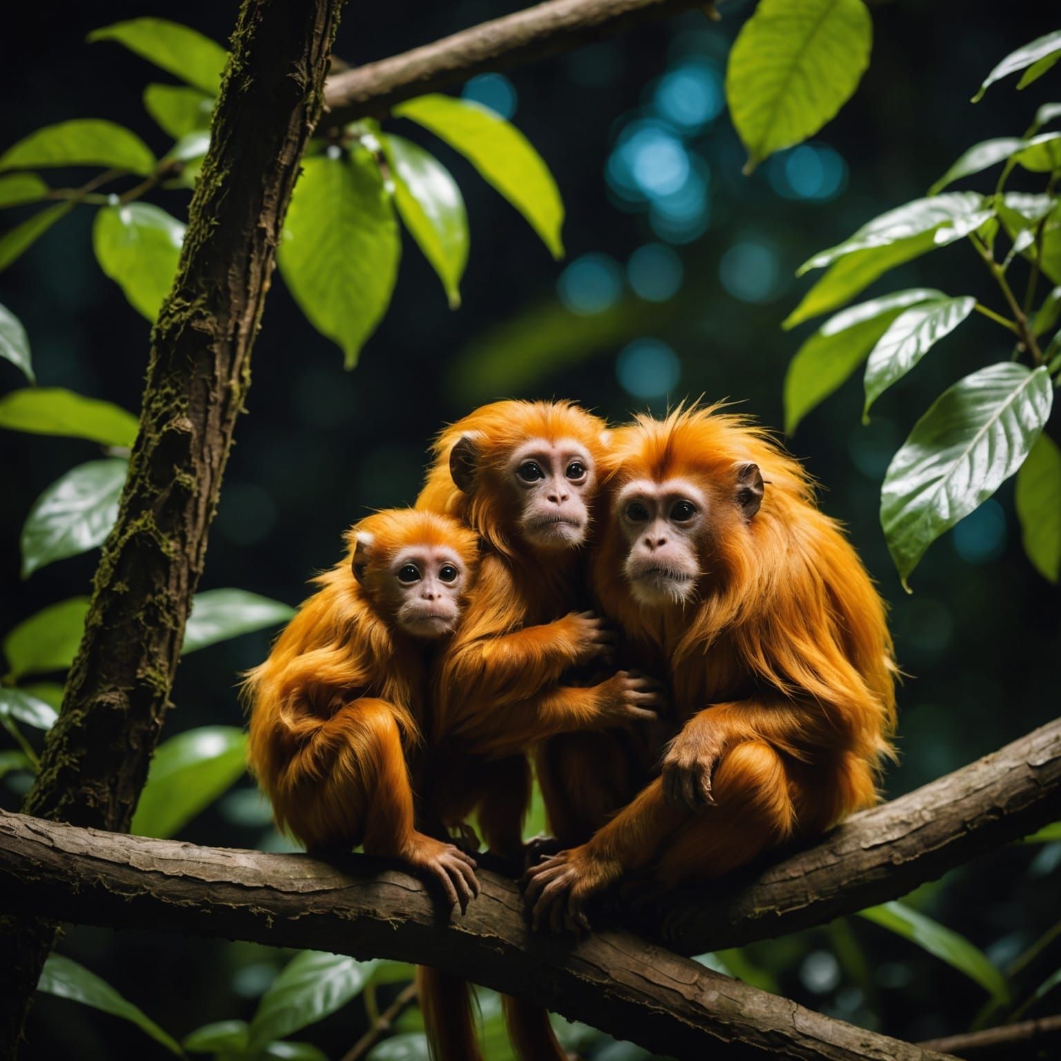 Golden Lion Tamarin Monkey with Baby in Jungle