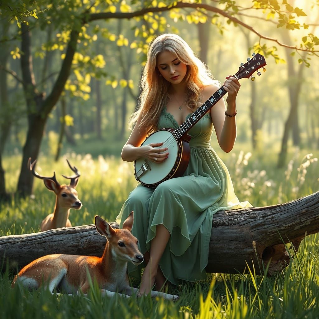 Enchanted Springtime Woodland Scene with Serene Lady Playing...